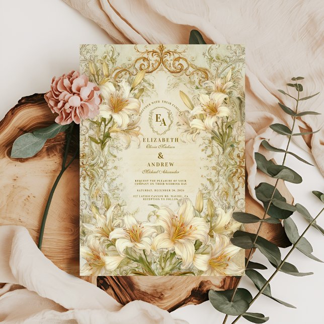Invitación Vintage Ivory Lily Floral Boda (Subido por el creador)