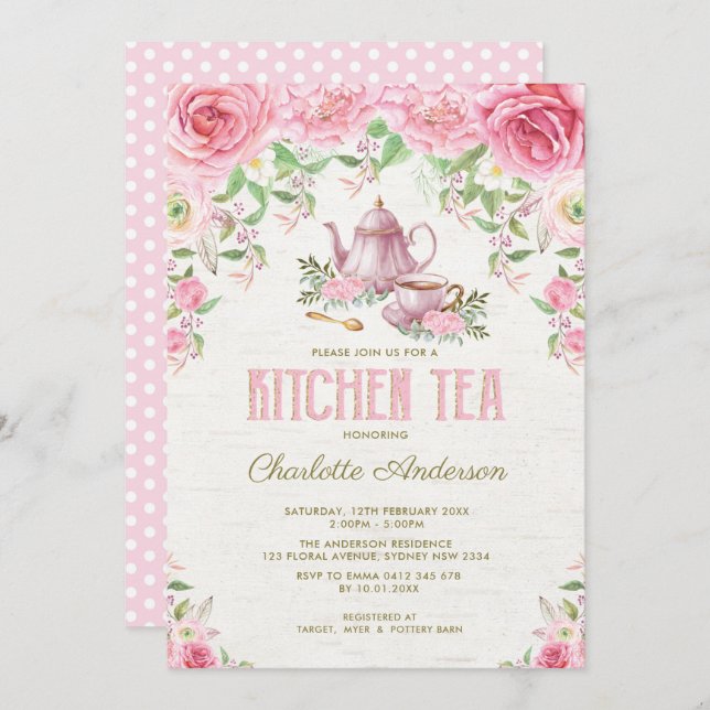 Invitación Vintage Kitchen Tea Rosas Florales Rosa (Anverso / Reverso)