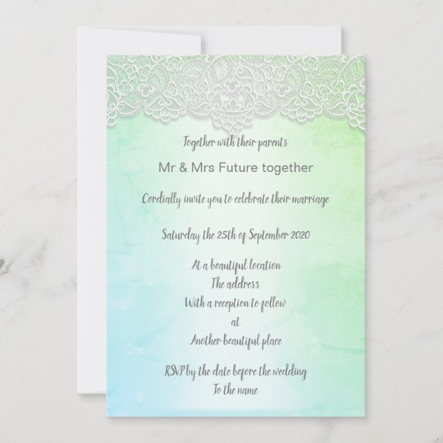 Invitación Vintage lace bonito verde azul elegante boda (Anverso)