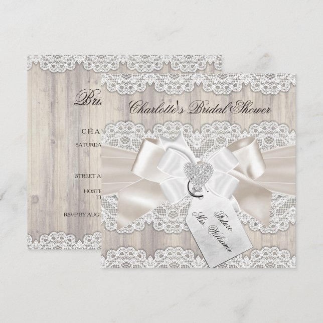Invitación Vintage Lace Bow & Rustic Wood Bridal Shower (Anverso / Reverso)