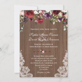 Invitación Vintage Lace Burgundy Rubor Flores Boda de madera