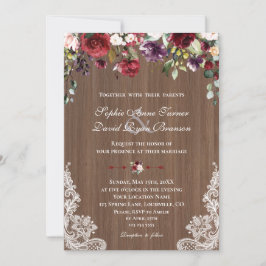 Invitación Vintage Lace Burgundy Rubor Flores Boda de madera