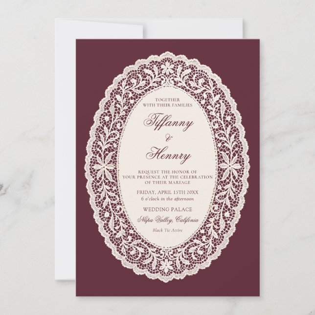 Invitación Vintage Lace Burgundy Wedding Invitation (Anverso)