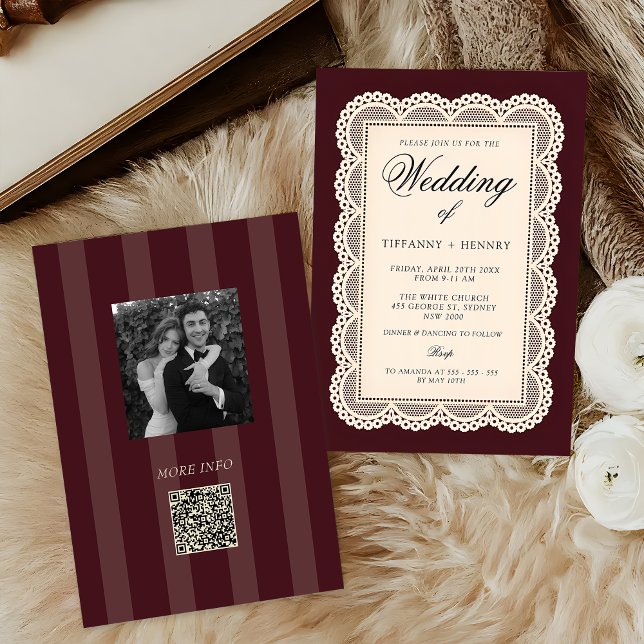 Invitación Vintage Lace Burgundy Wedding Invitation (Subido por el creador)
