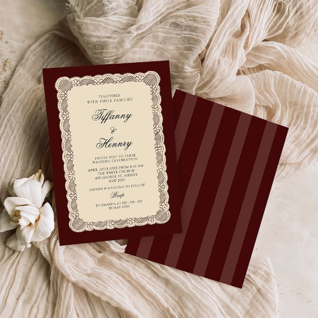 Invitación Vintage Lace Burgundy Wedding Invitation (Subido por el creador)