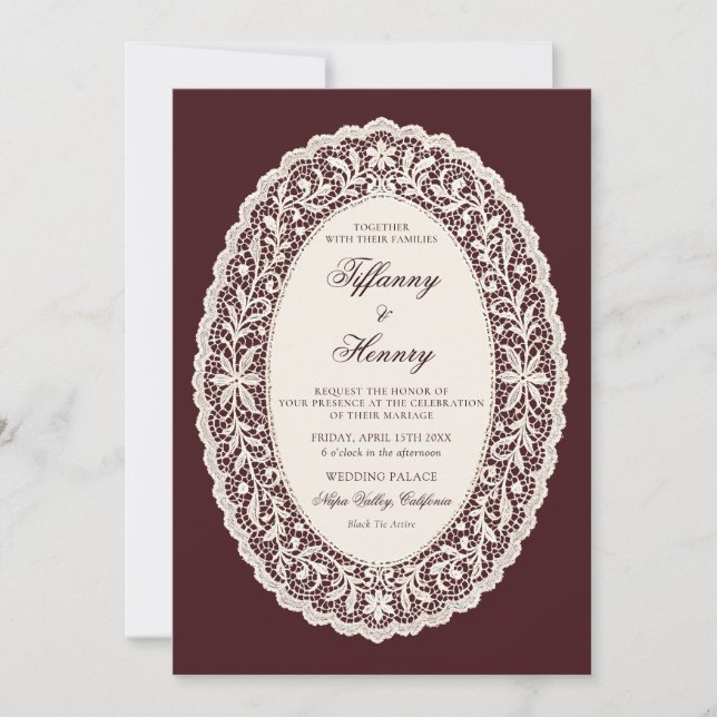 Invitación Vintage Lace Burgundy Wedding Invitation (Anverso)