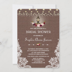 Invitación Vintage Lace Burlap String Luces Brillantes Ducha