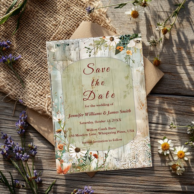 Invitación Vintage Lace & Daisies Rustic Save The Date (Subido por el creador)