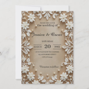 Invitación Vintage Lace Ivory Embroidery Pearl Boda