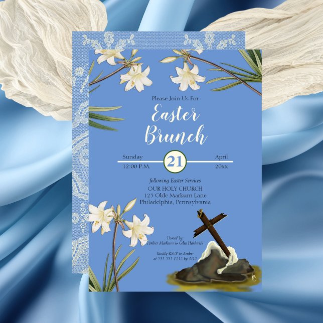 Invitación Vintage Lace | Lilies | Brunch Rugged Cross Easter (Old Rugged Cross and Lilies Easter Brunch Invitation)