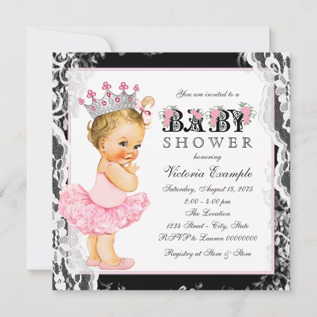 Invitación Vintage Lace Pink Black Ballerina Tutu Baby Shower (Anverso)