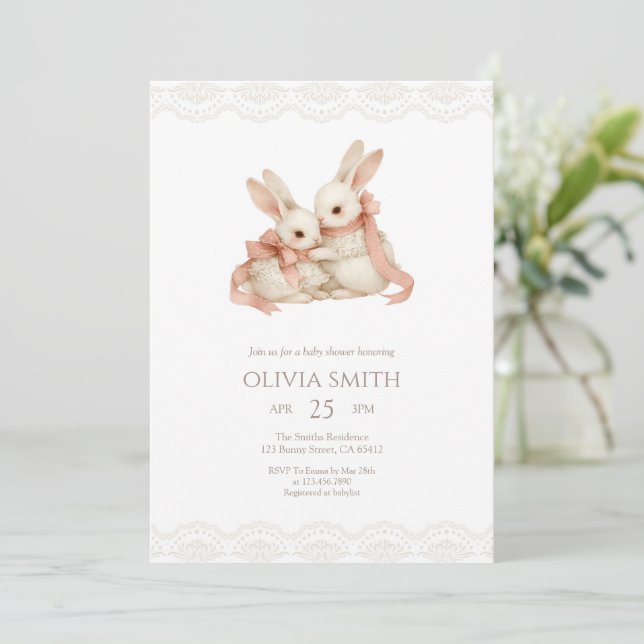 Invitación Vintage Lace Pink Some Bunny Baby Shower (Anverso de pie)
