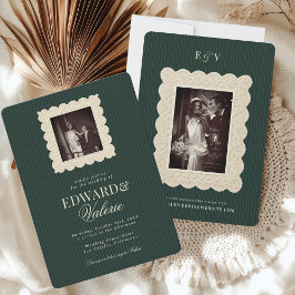Invitación Vintage Lace Stripes Old Money 2 Photo Wedding