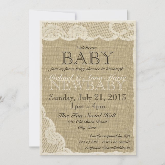 Invitación Vintage Lace y Bow Baby Shower (Anverso)