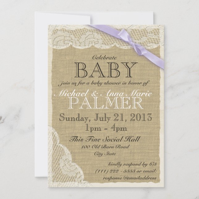 Invitación Vintage Lace y Bow Baby Shower Purple (Anverso)