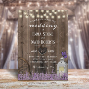 Invitación Vintage Lantern Lavender Floral Barn Wood Boda