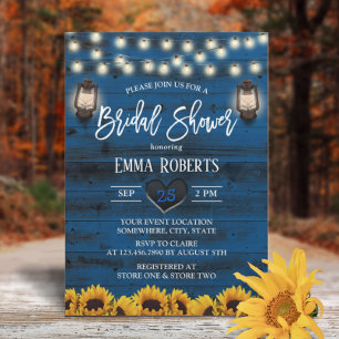 Invitación Vintage Lantern Sunflower Navy Wood Bridal Shower