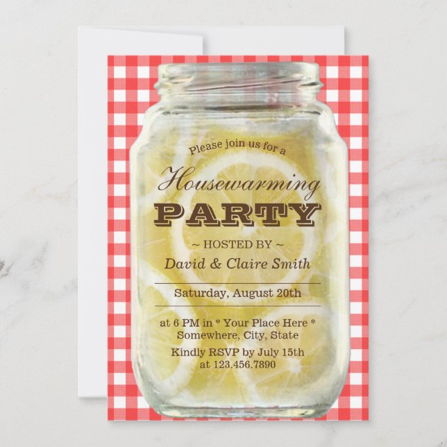 Invitación Vintage Lemons Jar Plaid Red Housewarming Fiesta (Anverso)