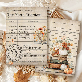 Invitación Vintage Library Card Books Fall Floral Wedding