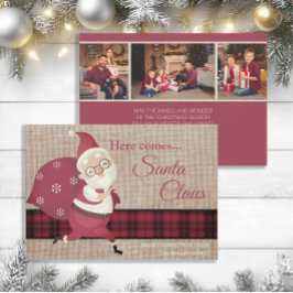 Invitación Vintage llega a Santa Claus Plaid Burlap Photo
