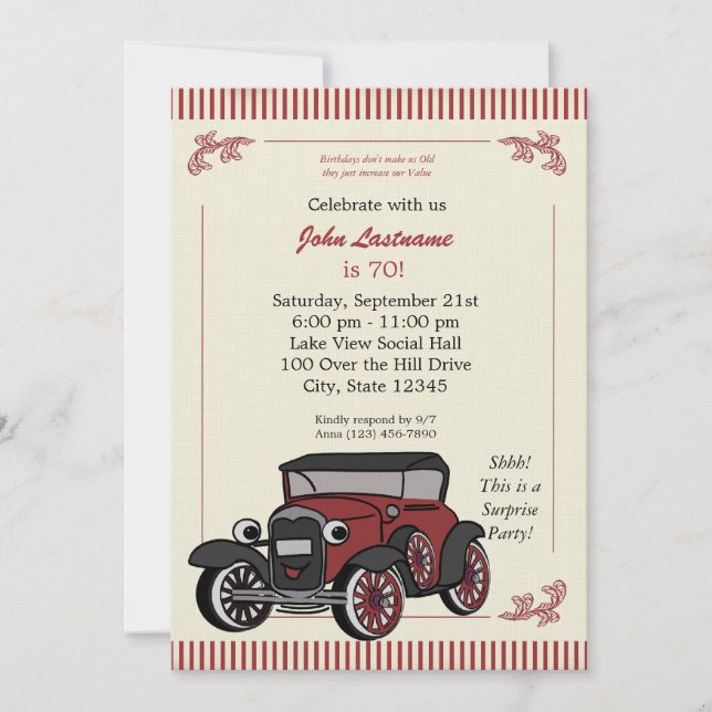 Invitación Vintage Look Antique Car Birthday Invite (Anverso)