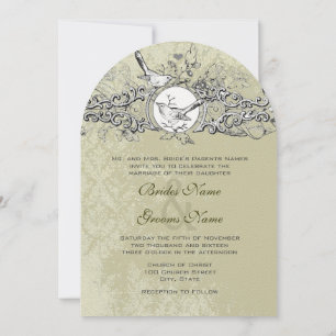 Invitación Vintage Lovebird Sage Green Musical Scroll Boda
