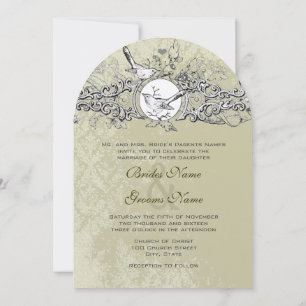 Invitación Vintage Lovebird Sage Green Musical Scroll Boda