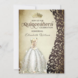 Invitación Vintage lujosa damasco oro tiara Quinceañera Inv