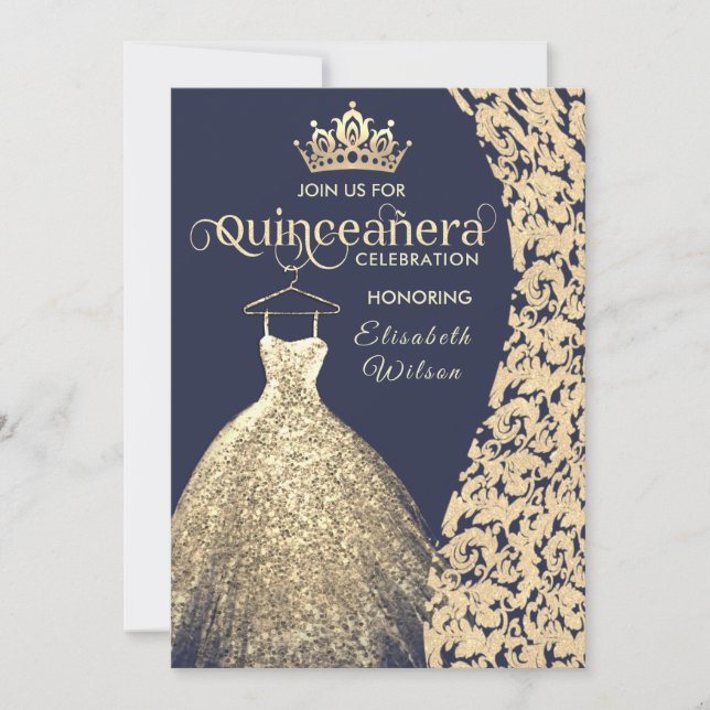 Invitación Vintage lujosa vestimenta dorada damasco princesa (Anverso)