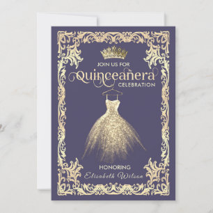 Invitación Vintage lujoso vestido brillante tiara Quinceañera