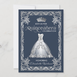 Invitación Vintage lujoso vestido brillante tiara Quinceañera