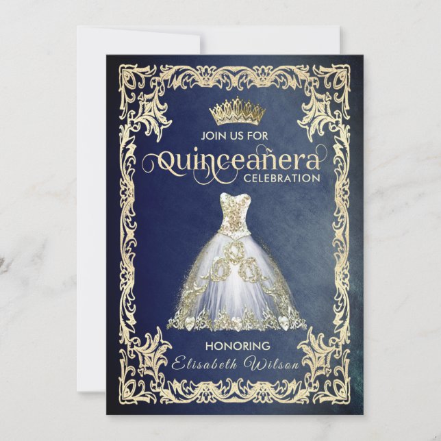 Invitación Vintage lujoso vestido brillante tiara Quinceañera (Anverso)