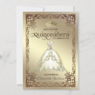 Invitación Vintage lujoso vestido brillante tiara Quinceañera