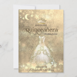 Invitación Vintage lujoso vestido de oro tiara Quinceañera