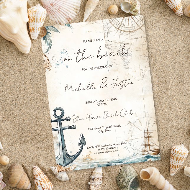 Invitación Vintage Map Beach Tropical Island Boda (coastal vintage map wedding invitation)