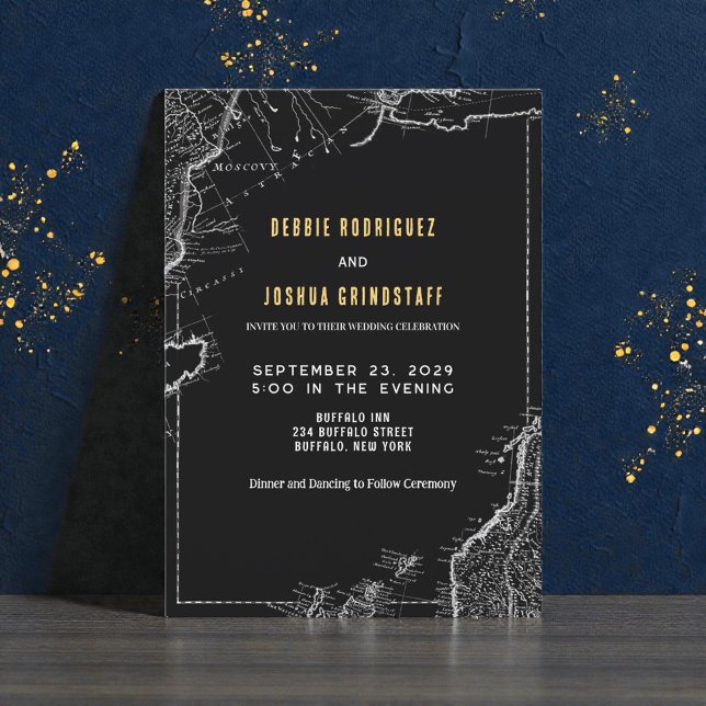 Invitación Vintage Map Gold on Black Wedding Invitation (Subido por el creador)