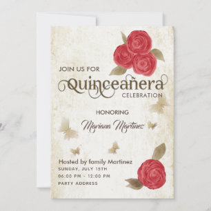 Invitación Vintage mariposa acuarela rosales rojas Quince