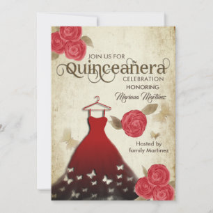 Invitación Vintage mariposa acuarela rosas rojas Quince Inv