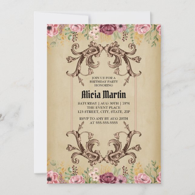 Invitación Vintage Maroon Gold Flora Parchment Cumpleaños (Anverso)