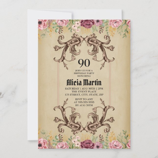 Invitación Vintage Maroon Gold Flower Parchday (Anverso)