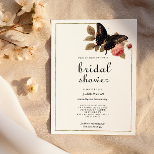 Invitación Vintage marrón rosa mariposa oro Ducha de Novia