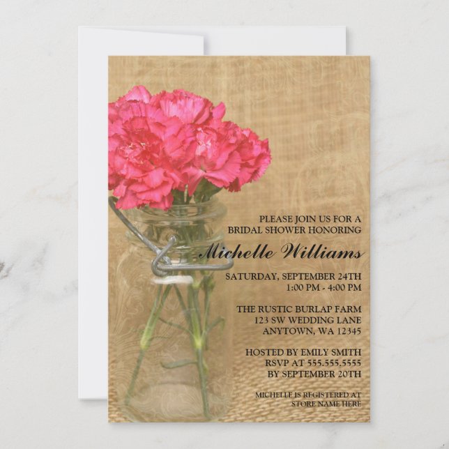 Invitación Vintage Mason Jar Pink Carnations Ducha Británica (Anverso)