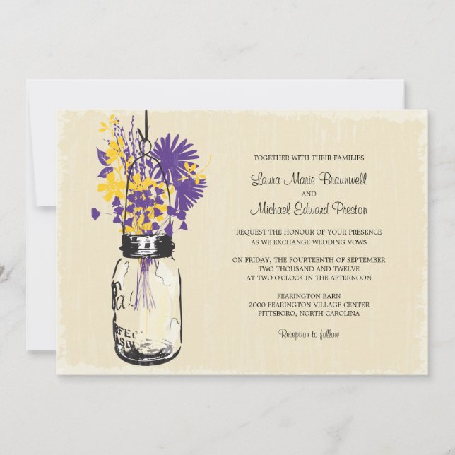 Invitación Vintage Mason Jar y Boda de Flores Silvestres (Anverso)