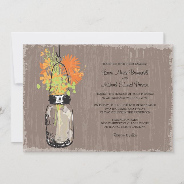 Invitación Vintage Mason Jar y Boda de Flores Silvestres (Anverso)