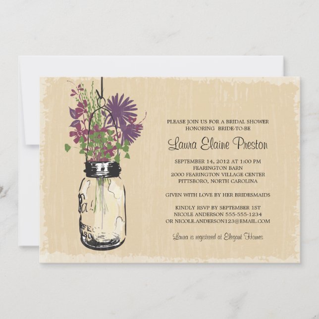 Invitación Vintage Mason Jar y Wildflowers Bridal Shower (Anverso)