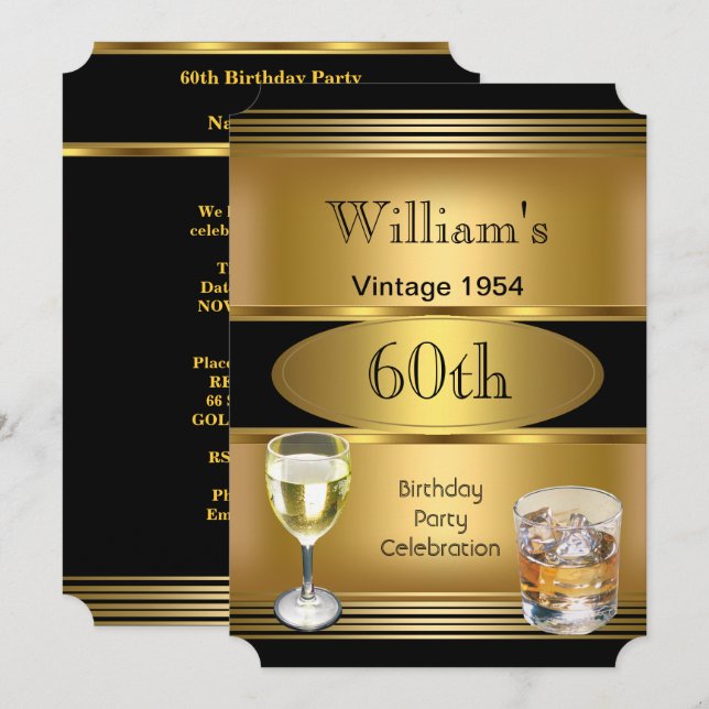Invitación Vintage Mens 60th Birthday Party Gold Drinks (Anverso / Reverso)