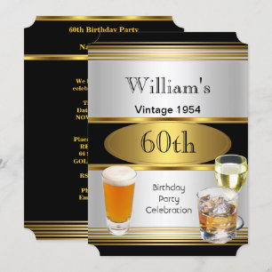 Invitación Vintage Mens 60th Birthday Party Gold Silver Beer