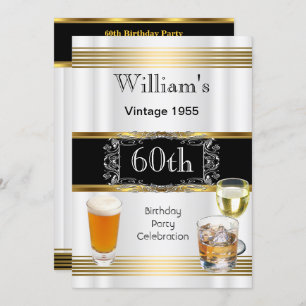Invitación Vintage Mens 60th Birthday Party Gold White Beer