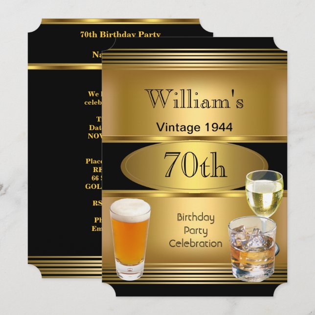 Invitación Vintage Mens 70th Birthday Party Gold Beer (Anverso / Reverso)