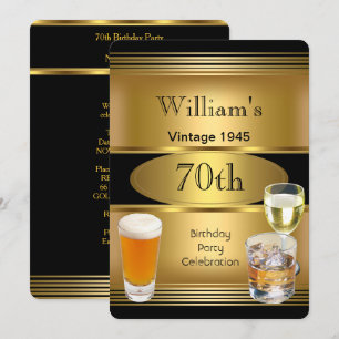Invitación Vintage Mens 70th Birthday Party Gold Beer 1945
